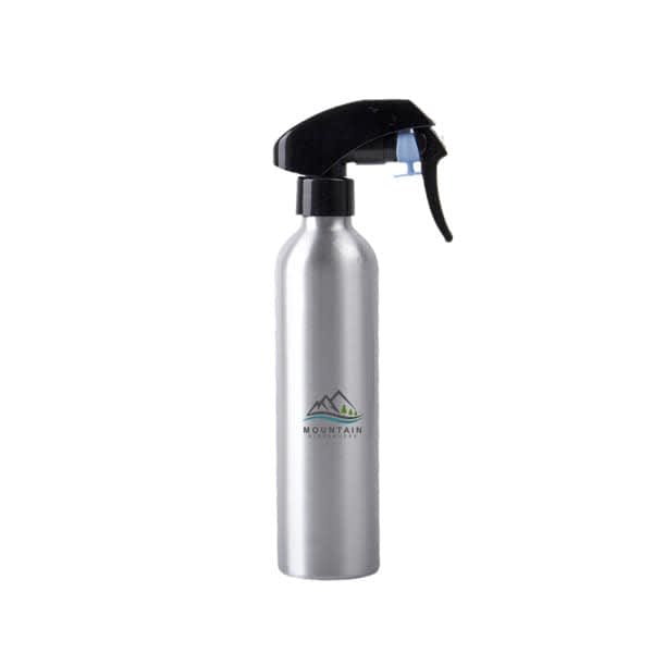 A silver aluminium spray bottle with a black trigger and a logo on the front. 8 oz. Aluminum Spray Bottle - Image 1