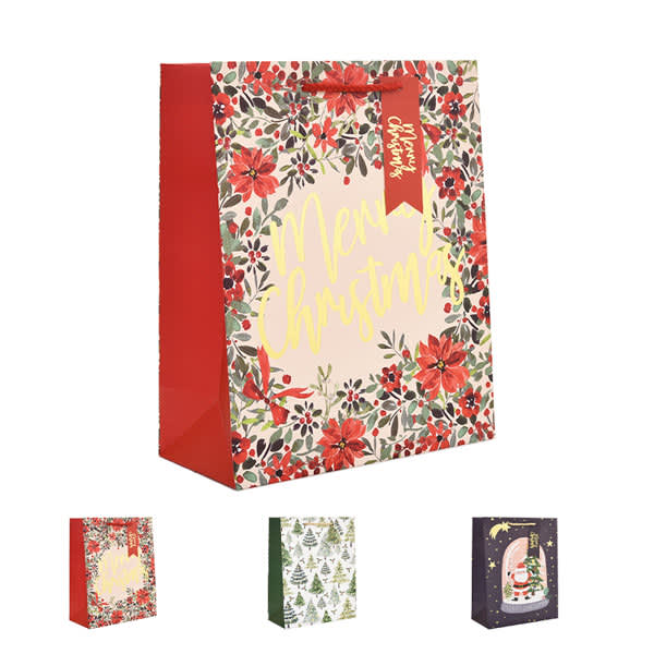 A festive gift bag featuring red and floral patterns, with a logo and a cheerful holiday design. Custom Hot Stamping Gift Bag - Image 1