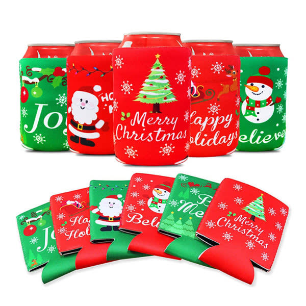 A drink bottle cooler set featuring festive designs in red and green, including Christmas themes and a logo. Custom Neoprene Sleeve Can Cooler - Image 1
