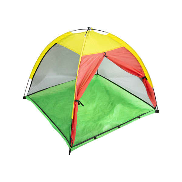 A pop-up camping tent featuring a yellow top, red sides, and a green floor, with mesh panels for ventilation. Kids Pop Up Camping Tent - Image 1