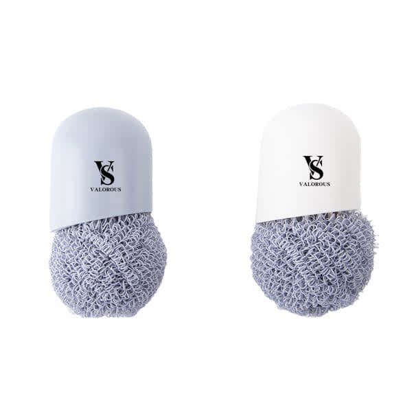 A cleaning brush with a detachable design, featuring a blue and white casing and a textured scrubbing head. Detachable Eggshell Kitchen Cleaning Brush - Image 1