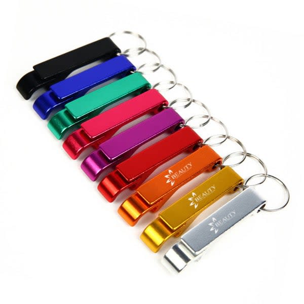 A drink bottle opener keyring collection featuring various colours: black, green, pink, red, purple, blue, and gold, with logos. Custom Crab Keychain Bottle Opener - Image 1