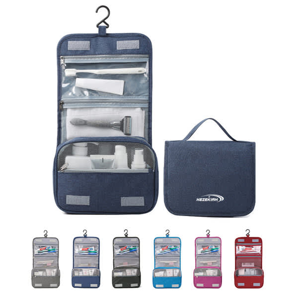 A navy blue toiletry bag with multiple compartments, clear pockets, and a hook for hanging. Available in various colours. Portable TriFold Travel Hanging Wash Toiletry Bag - Image 1