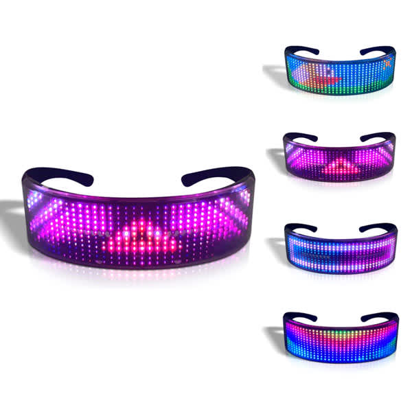 LED luminous glasses with a variety of vibrant purple, pink, and blue light patterns, featuring a logo. LED Luminous Glasses - Image 1