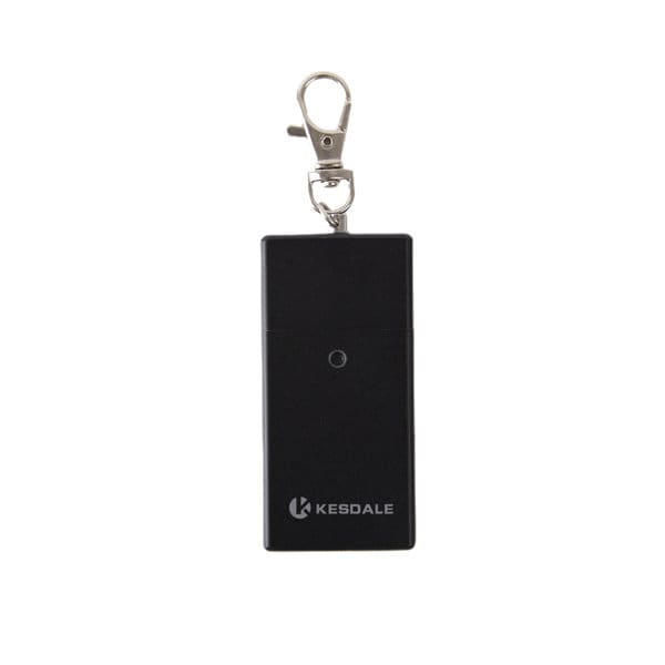 A black pocket ash box with a keychain clip attached, featuring a logo. Pocket Ash Box With Keychain - Image 1