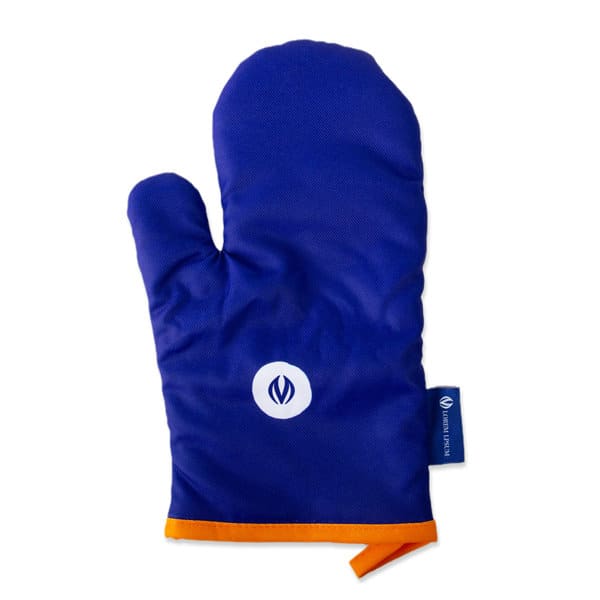 A blue cotton oven mitt with an orange trim and a logo on the front. Promotional Cotton Oven Mitt - Image 1
