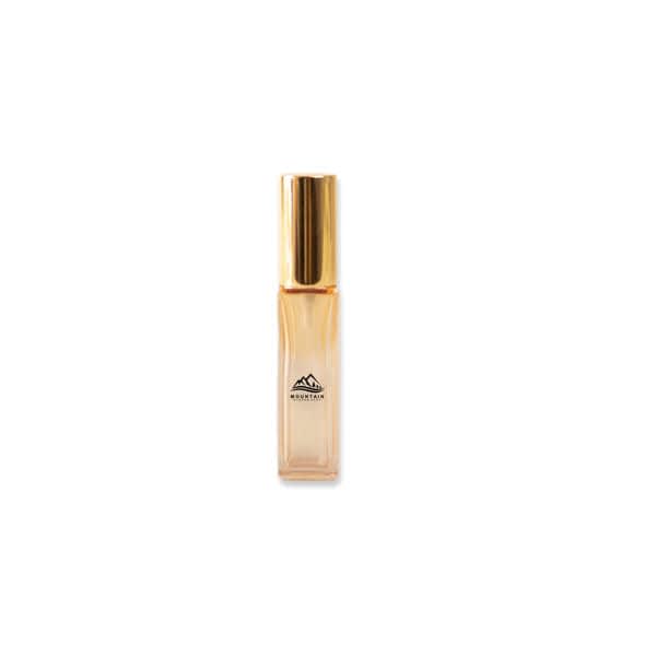 A 10ml square spray bottle in clear glass with a gold spray nozzle and a logo. 10ml Square Spray Bottle - Image 1