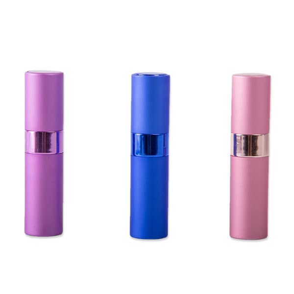 Three rotary spray perfume bottles in pink, purple, and blue, each with a metallic accent. 8ml Rotary Spray Perfume Bottle - Image 1
