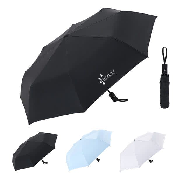 A black automatic UV protective umbrella with a compact carrying case, featuring a logo. Also available in white and light blue. Custom Automatic UV Protective Umbrella - Image 1