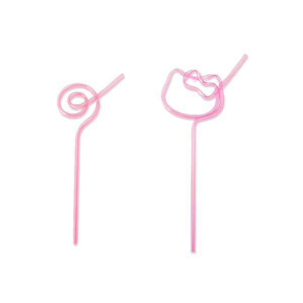 Two reusable plastic spiral straws in a vibrant pink colour, featuring unique spiral designs. The image includes a logo. Reusable Plastic Spiral Straw - Image 1