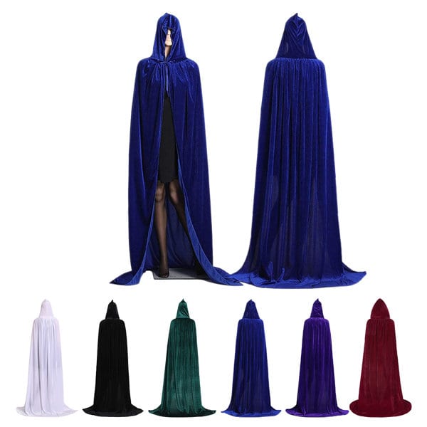 A selection of unisex Halloween cloaks in blue, black, green, red, purple, and white, featuring hoods and a velvety texture. Promotional Unisex Halloween Cloak - Image 1