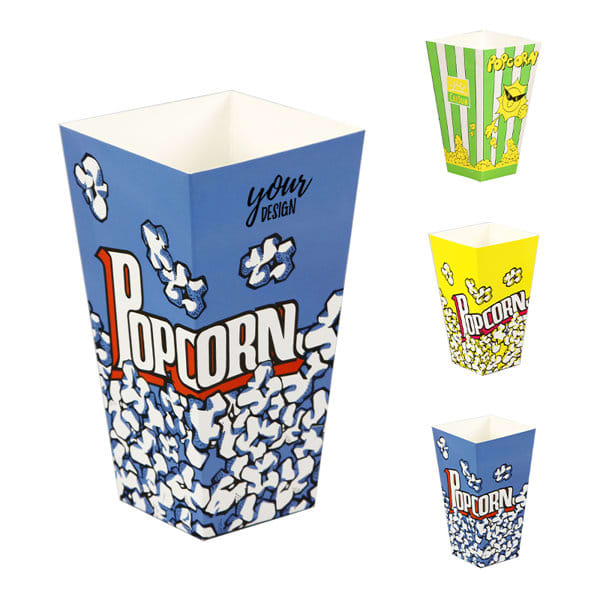 A square paper popcorn bucket in blue with a popcorn design, featuring space for custom branding. 28 oz. Square Paper Popcorn Bucket - Image 1