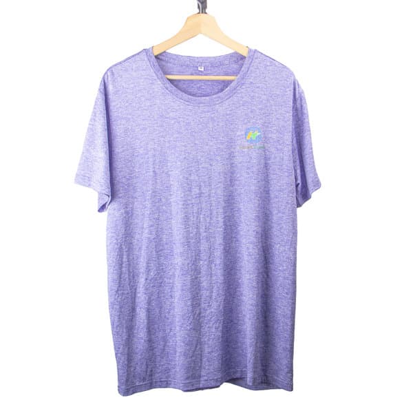 A purple short sleeve T-shirt hanging on a wooden hanger, featuring a small logo. Personalized Short Sleeve T Shirt - Image 1