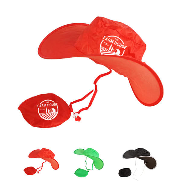 A custom nylon foldable cowboy hat in red, featuring a logo, with a wide brim and a drawstring for secure fit. Custom Nylon Foldable Cowboy Hat - Image 1