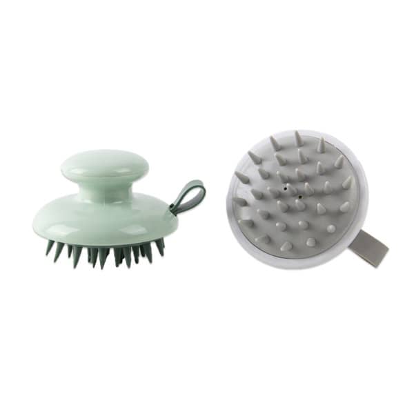 A silicone scalp shampoo brush with a handle, featuring a mint green top and grey bristles. Silicone Scalp Shampoo Brush With Handle - Image 1