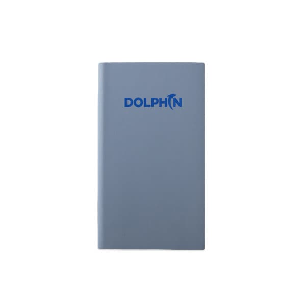 A6 softcover PU leather notebook in grey featuring a blue logo on the front. A6 Softcover PU Leather Pocket Notebook - Image 1