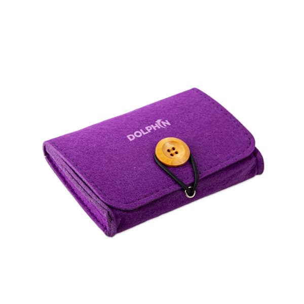 A purple felt pouch with a button closure and elastic band, featuring a logo on the front. Felt Essential Oil Pouch - Image 1