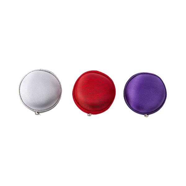 A custom round essential oil case in silver, red, and purple, featuring a zipped closure and a textured surface. Custom Round Essential Oil Case - Image 1