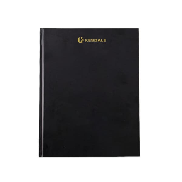 A black hardcover notebook with a gold logo on the front, featuring a smooth finish. Custom Hard Cardboard Cover Notebook - Image 1