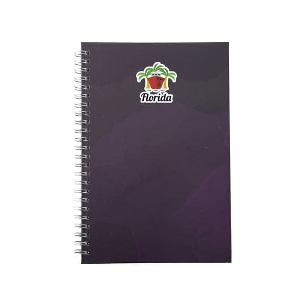 A hardcover spiral notebook in a dark purple colour, featuring a logo at the top. Customizable Hardcover Spiral Notebook - Image 1