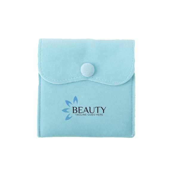 A turquoise jewellery organiser pouch with a button closure, featuring a printed logo. Jewelry Organizer Pouch WIth Button - Image 1