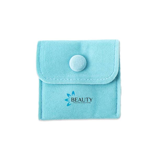 A small turquoise jewellery storage bag with a button closure and a logo on the front. Small Jewelry Storage Bag With Button - Image 1