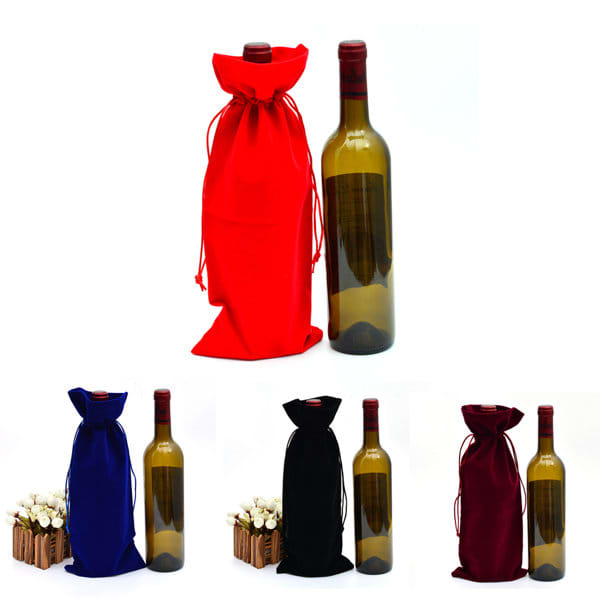 A drink bottle encased in a red, blue, black, or burgundy flannel drawstring bag, featuring a logo. Custom Flannel Wine Bottle Bag With Drawstring - Image 1