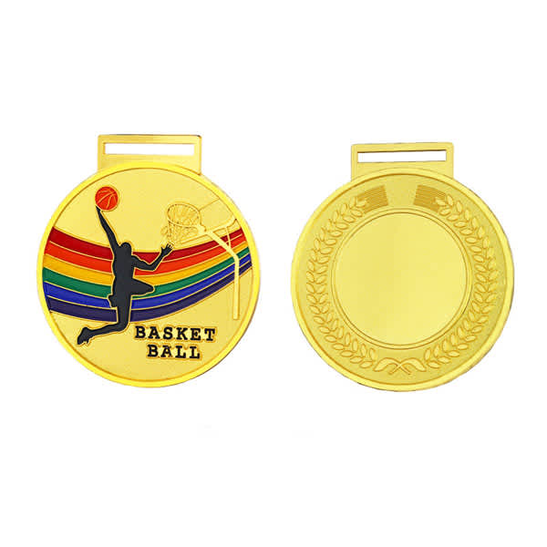 A gold zinc alloy medal featuring a basketball design and a rainbow-striped background, with a blank reverse side. Custom Zinc Alloy Metal Medal - Image 1