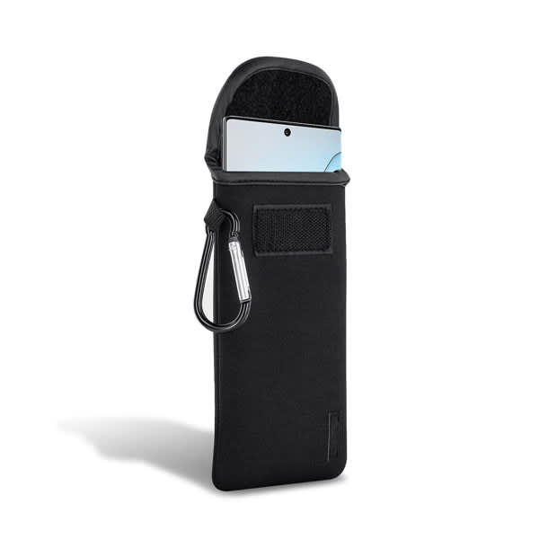 A black neoprene smartphone pouch with a carabiner, holding a smartphone inside, featuring a velcro closure. Neoprene Smartphone Pouch With Carabiner - Image 1