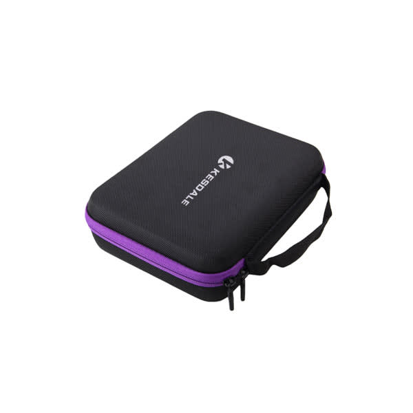 A black and purple essential oil bottle storage bag with a handle, featuring a logo on the front. Essential Oil Bottle Storage Bag - Image 1