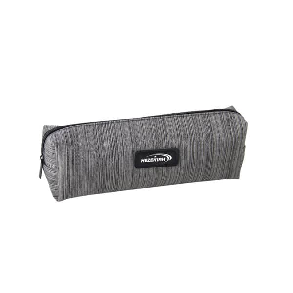 A grey portable pencil case made of Oxford fabric with a zipper and a logo on the front. Portable Oxford Fabric Zipper Pencil Case - Image 1
