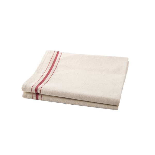 A folded custom cotton tea towel in a soft beige colour with red stripes along one side. It has a logo. Custom Cotton Tea Towel - Image 1