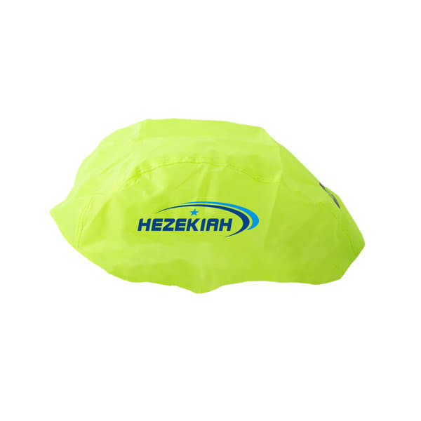 A bright yellow cycling helmet cover featuring a logo and reflective strip for enhanced visibility. Cycling Helmet Cover With Reflective Strip - Image 1
