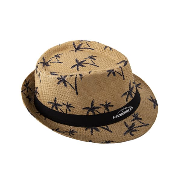 A straw jazz hat featuring a palm tree pattern and a black band, ideal for sunny days. Custom Straw Jazz Hat - Image 1