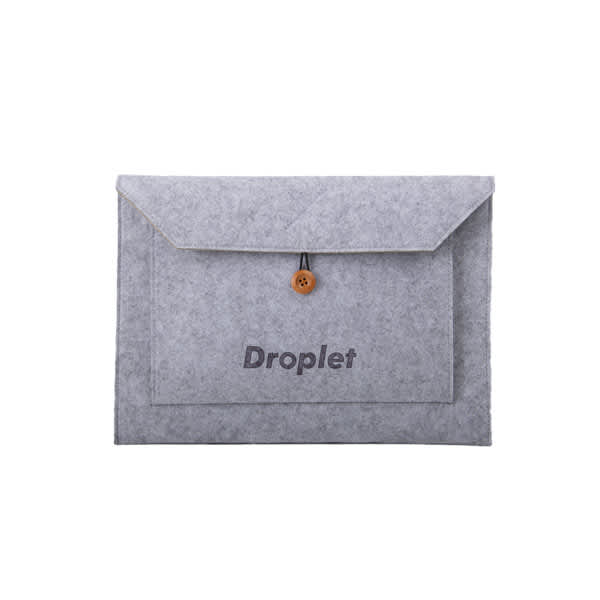 A grey felt laptop sleeve case featuring a button closure and a logo. Suitable for carrying laptops securely. Custom Felt Laptop Sleeve Case - Image 1