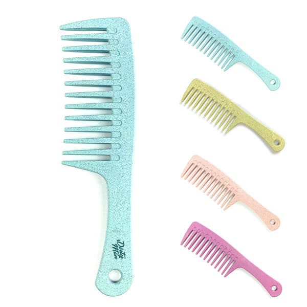 A set of four combs in pink, mint green, yellow, and purple hues, with a larger blue comb. Each has a branding logo. Wheat Straw Solid Comb - Image 1