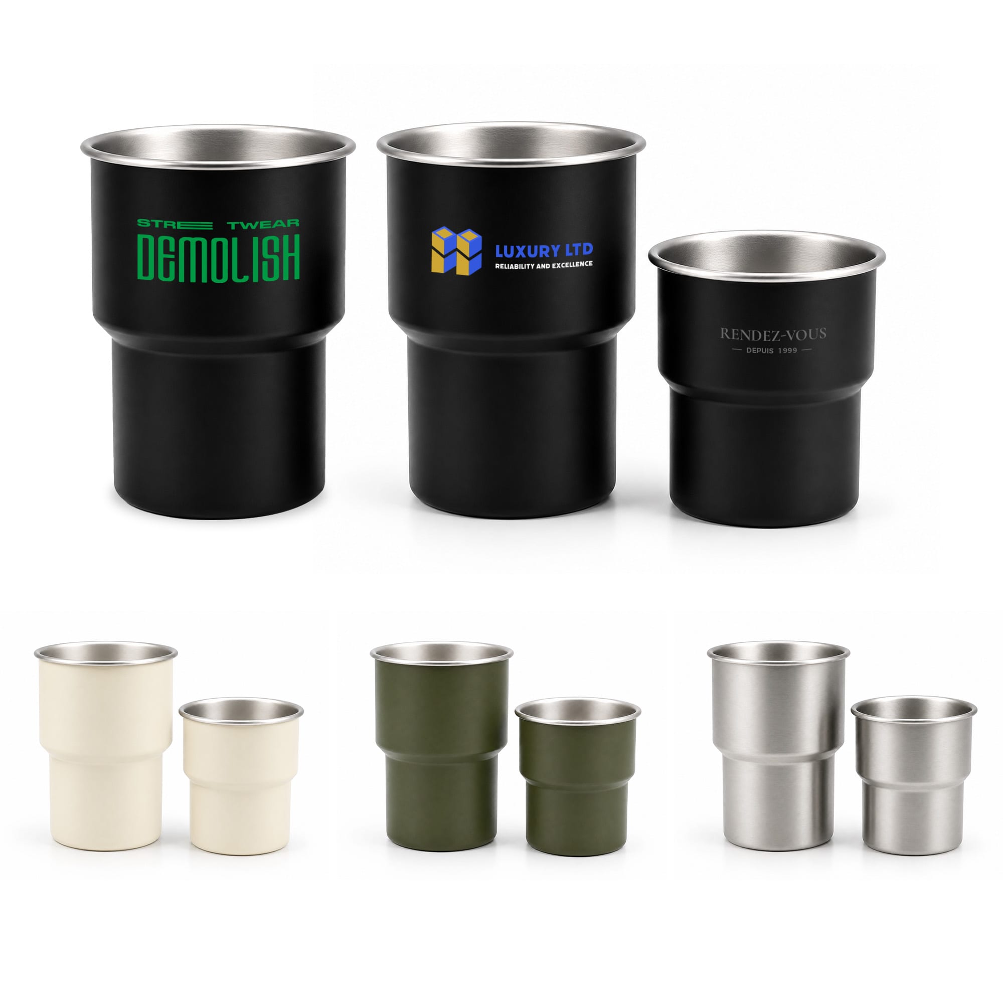 A collection of stainless steel camping mugs in black, olive green, white, and silver, featuring various logos. 280ML/500ML Stainless Steel Camping Mug - Image 1