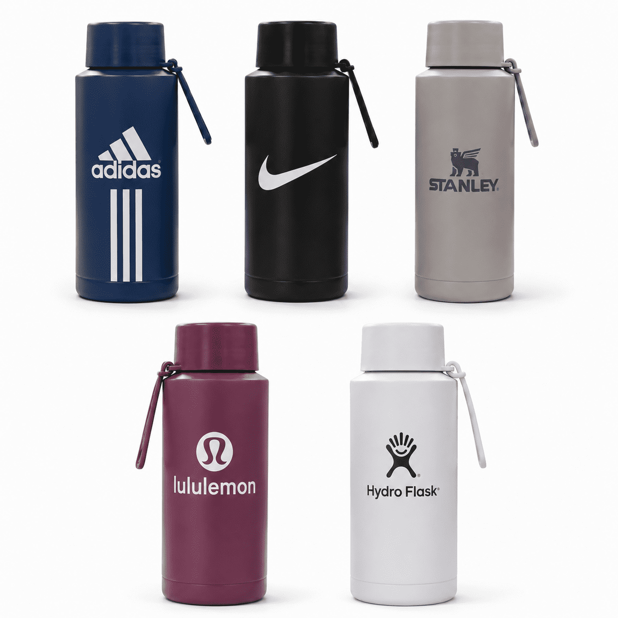 A drink bottle collection featuring various designs in navy blue, black, grey, burgundy, and white, with logos. The Sofia 1L Bottle - Image 1