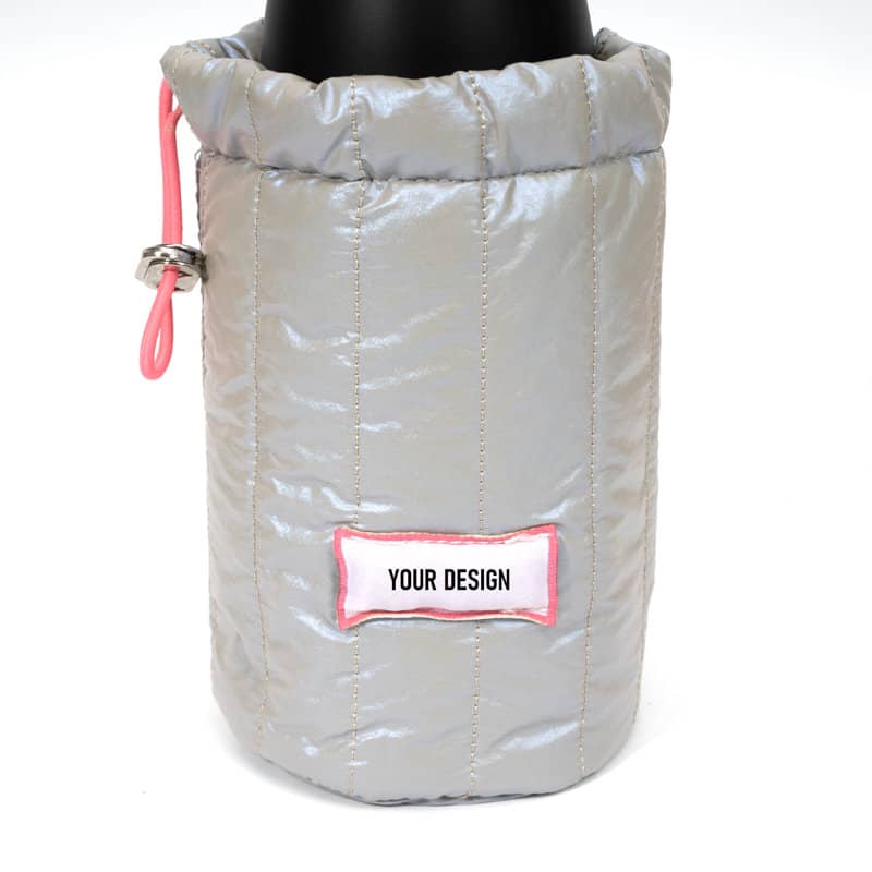 A drink bottle holder bag in shiny silver with a pink drawstring and a placeholder for custom design. Insulated Water Bottle Holder Bag - Image 1