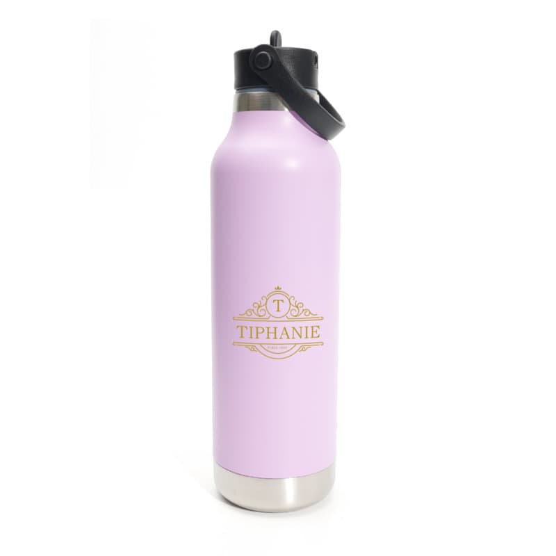 A drink bottle in lavender with a stainless steel base and a black lid, featuring a logo. 20 oz. Stainless Steel Water Cup - Image 1