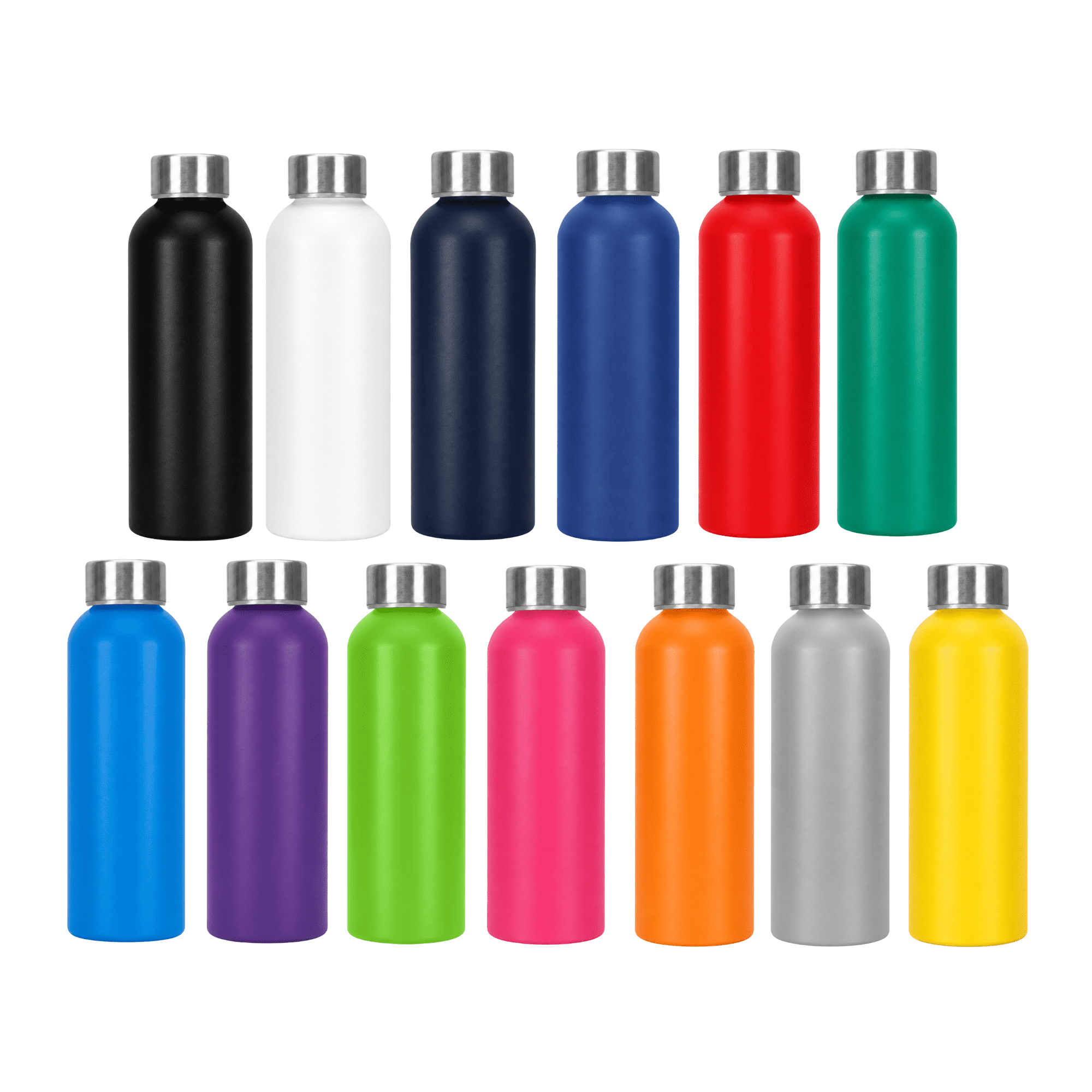A drink bottle collection featuring various colours including black, white, navy, red, green, purple, orange, pink, and silver, with metal caps. Swift Recycled Aluminium Bottle - Image 1
