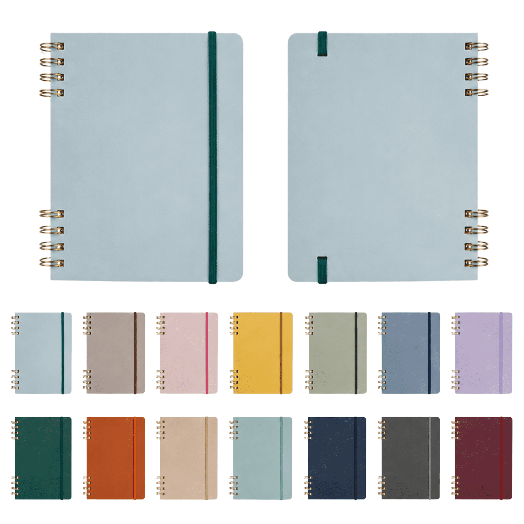 Twin-Spiral PU hardcover notebooks in various pastel and bold colours, featuring a green elastic band and metal spirals. Twin-Spiral PU Hardcover Notebook - Image 1
