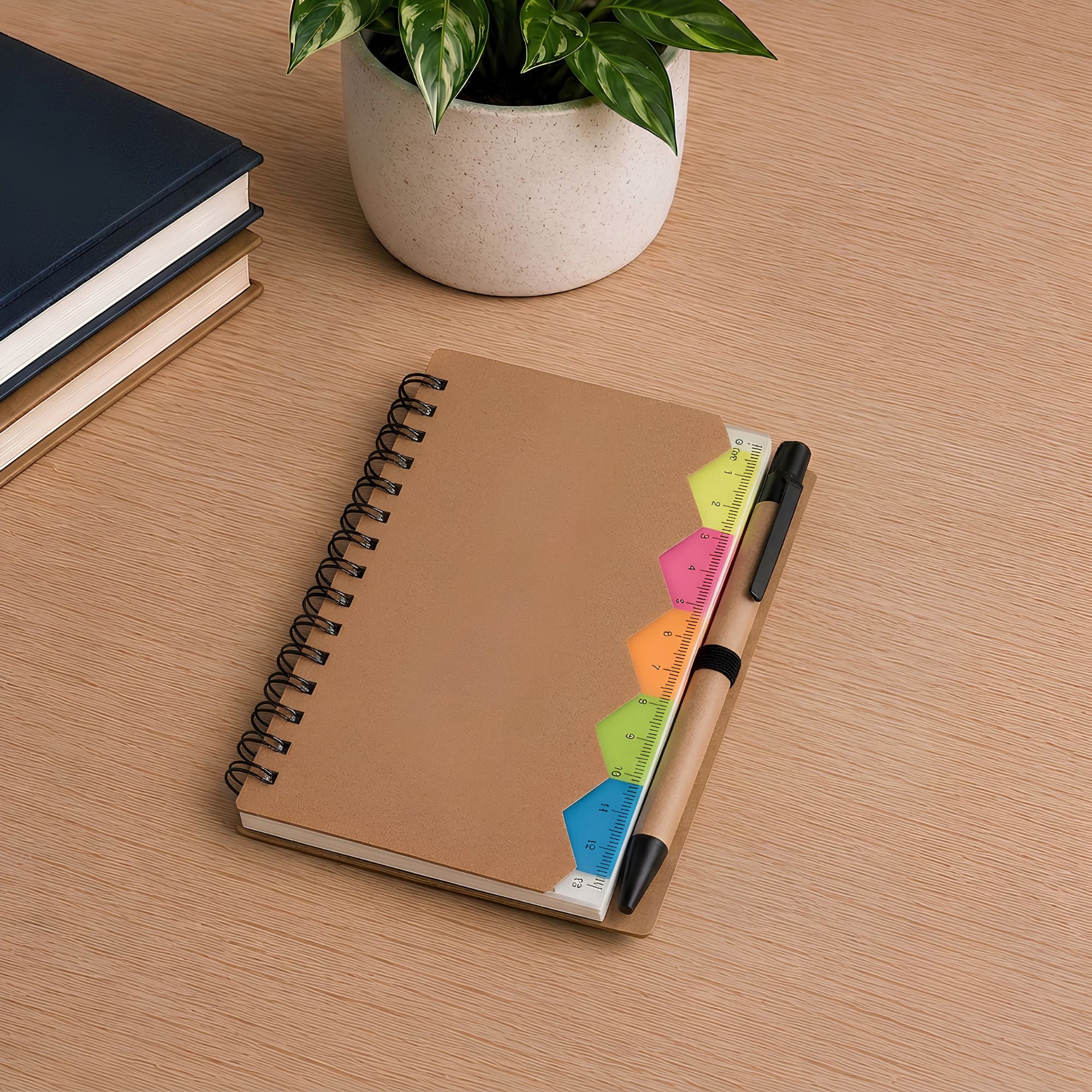 A brown spiral notebook sits on a wooden surface, accompanied by a pen and vibrant sticky notes in various colours. Calton Sticky Note Memo - Image 1