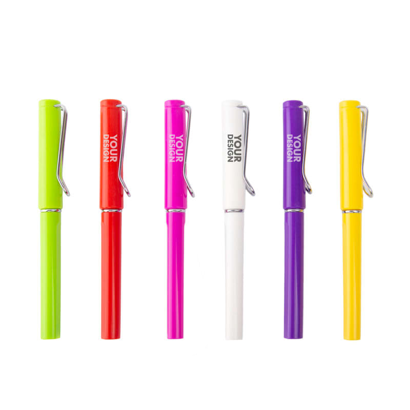 A set of U-shaped gel pens in green, red, pink, white, purple, and yellow, each with a clip and a logo. Custom Metal Clip U Shaped Gel Pen - Image 1