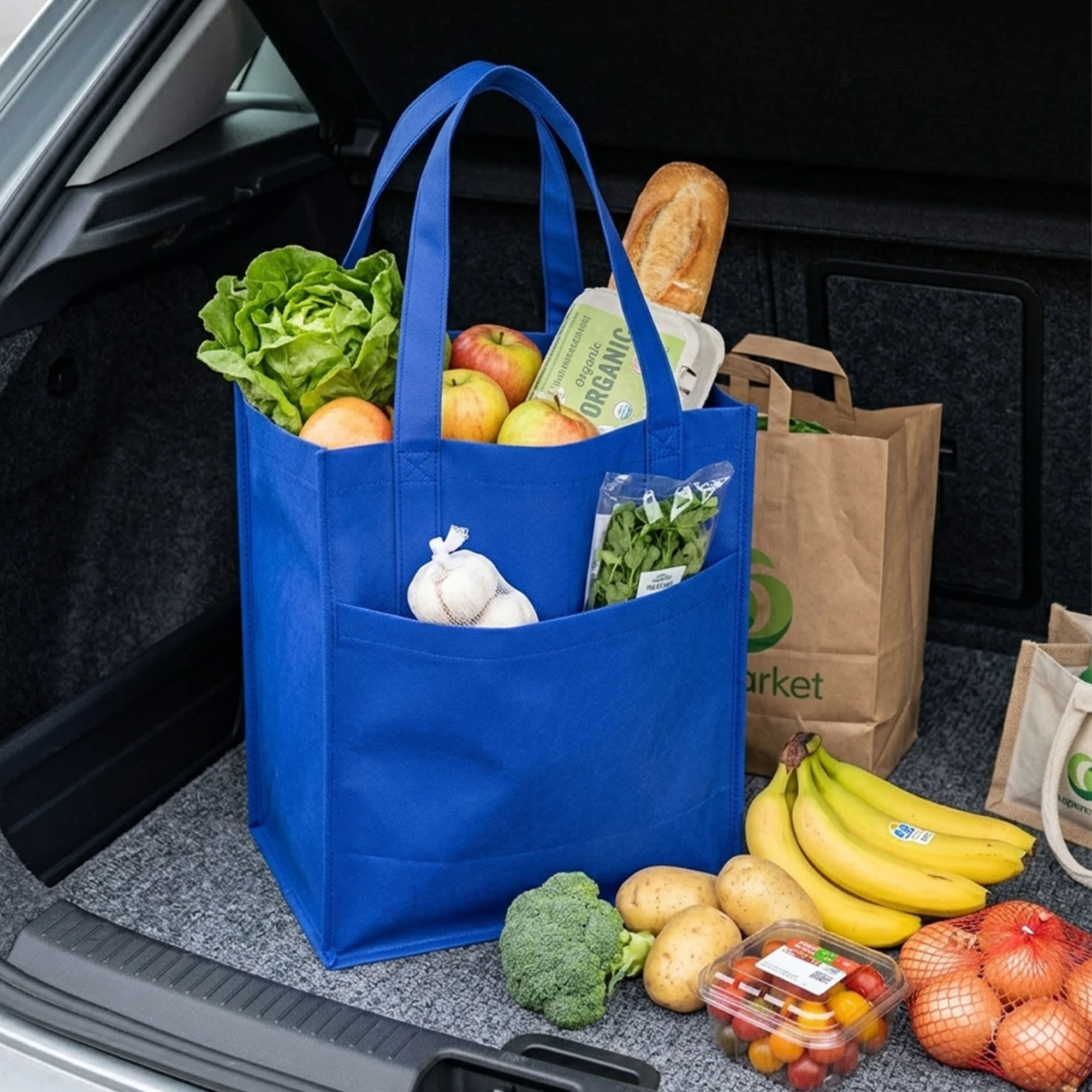 A blue shopping bag filled with lettuce, apples, bread, vegetables, and other groceries in a car boot. Pocket Shopping Bag - Image 1