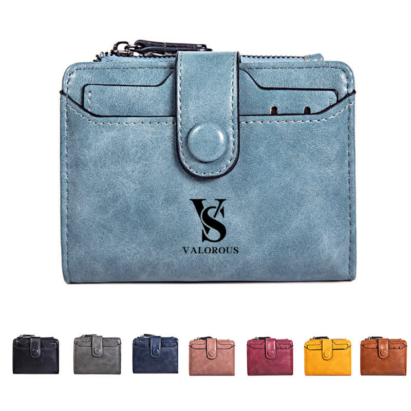 A blue PU leather wallet features multiple card slots and a snap closure, with an embossed logo on the front. Women PU Leather Wallet - Image 1