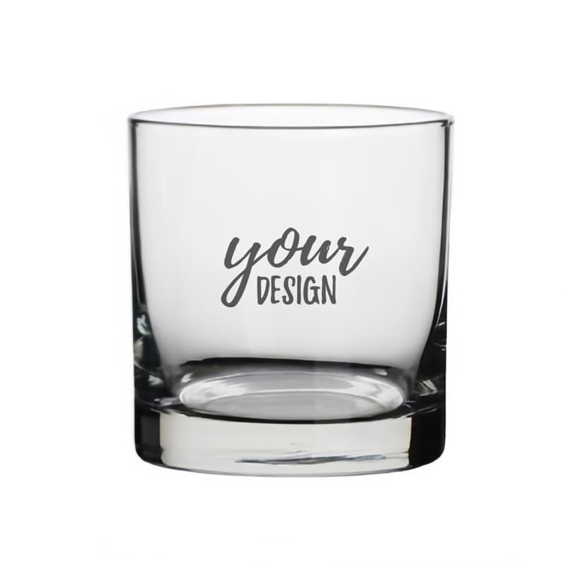 A clear glass whiskey mug with a thick base, featuring a customizable design option. Personalized Whiskey Beer Mugs - Image 1