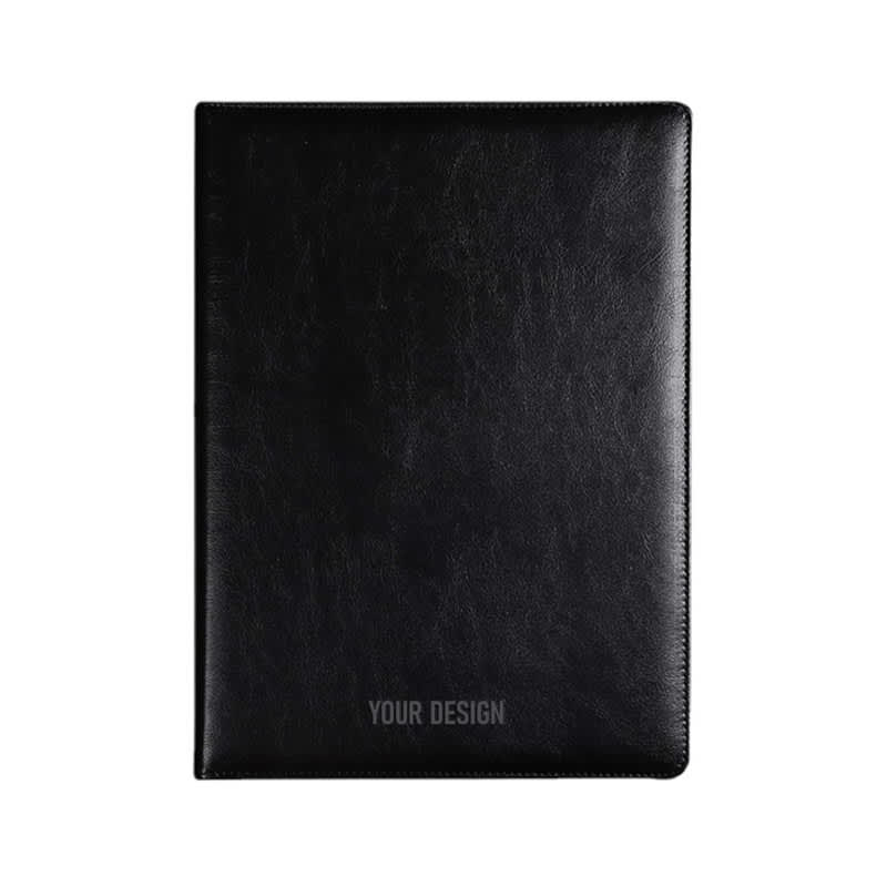 A black PU leather A4 portfolio featuring a smooth surface and a logo area for custom design. PU Leather A4 Portfolio With Calculator - Image 1