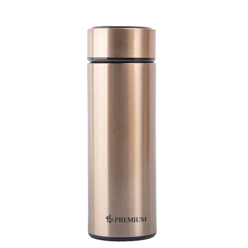 A drink bottle in a sleek, copper finish with a stainless steel design and a logo on the front. 15 oz. Stainless Steel Thermos Tea Bottle With Infuser - Image 1