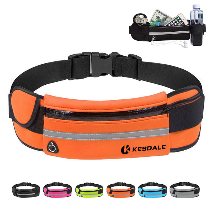 An orange waterproof running waist bag with a zippered pocket, featuring a logo and multiple colour options below. Waterproof Running Waist Bag - Image 1